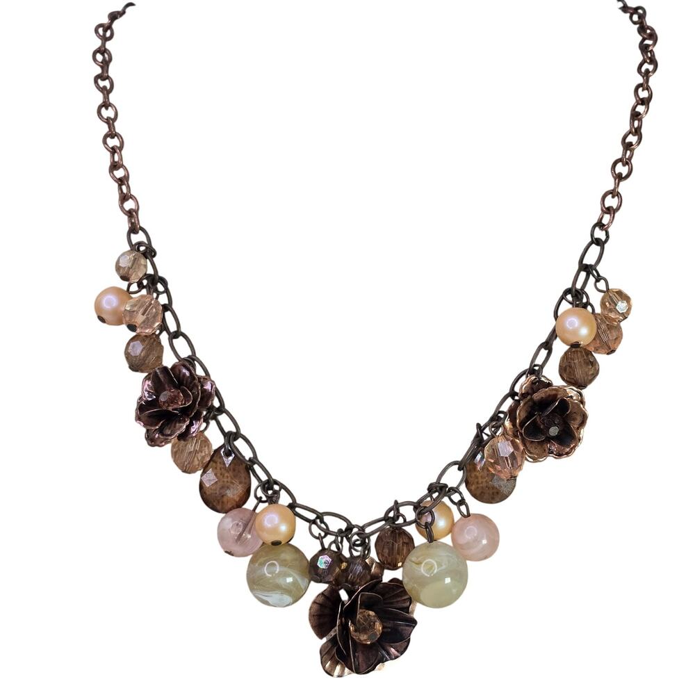 Vintage Necklace Pale Pink White w/ Copper Tone Rose on Chain 21 Inch